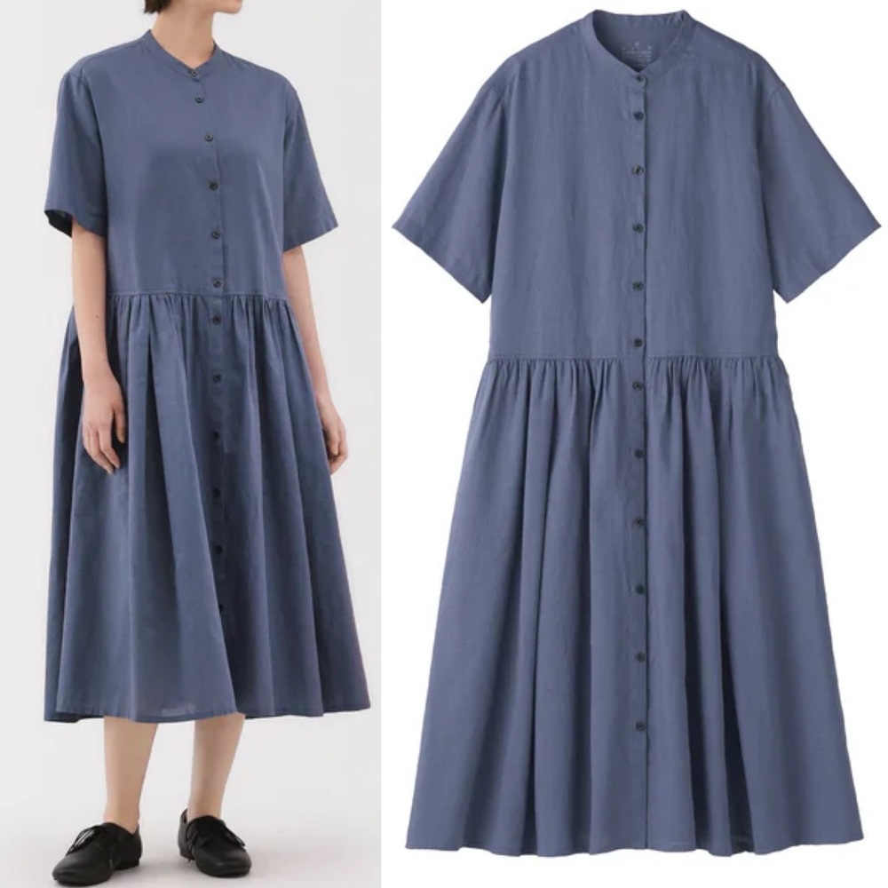 Muji Hemp Cotton Short Sleeve Dress Smokey Blue Large Button Front Midi Pleated